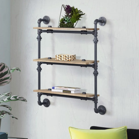 ZUN Oak and Sandy Black Rectangle 3-Tier Wall Shelf B062P184605