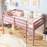 Solid Wooden, Rubber Wooden Twin Loft Bed with Ladder, Bed Platform of Strengthened Slats, Pink W504P190960