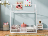 Full Size Metal House Bed with Fence and Door, White MF315933AAK