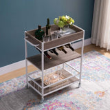 Rolling Kitchen Cart with Three Tier Storage and Four Wine Bottle Rack - Brown and White Metal B107131416
