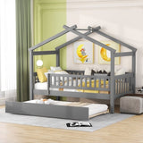 Twin Size Wooden House Bed with Twin Size Trundle, Gray 14298090