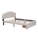 Teddy Fleece Queen Size Upholstered Platform Bed with Drawer, Beige WF309187AAA