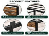 Full Size Metal Wood Platform Bed Frame, 3-Panel Fire Burnt Brown Wood Grain Headboard with LED 77349359