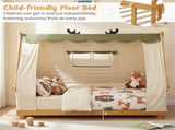 Twin Size Montessori House Floor Bed with Removable Canopy Tent, Solid Wood Kids Bed with Guardrails 41357052