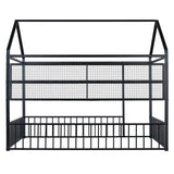 Full Size Metal Bed House Bed Frame with Fence and Shelves, Black N737P175361B