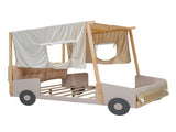 Wood Full Size Car Bed with Pillow, Ceiling Cloth and LED, Natural 41326780
