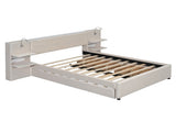 Queen Size Upholstered Platform Bed with Reading Lights, Drawers, Trundle and Shelves, Beige 57706475