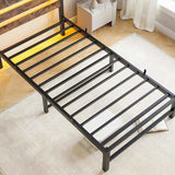 Twin Size Bed Frame Heavy Duty Platform Bed Frame with Headboard, USB Charging Station, LED Bed, No W840P209879