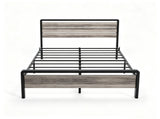 Queen Size Metal Wood Platform Bed Frame, 3-Panel Wash Grey Wood Grain Headboard with LED Light & 15630263