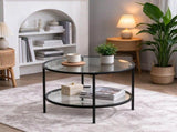 2-Tier Round Coffee Table, Glass Top, Iron Frame, 25.6"25.6"19.3", Matte Black 19047100