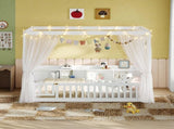 Full Size Montessori Floor Bed, Headboard with Open Storage Cubbies, 4-Sided Guardrails with Access W5767P517425