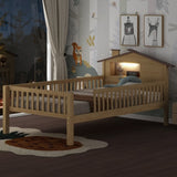 Twin Size Wood Platform Bed with House-shaped Headboard, LED and Built-in Storage, Natural N709P184429M
