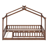 Twin Size Wood Bed House Bed Frame with Fence, for Kids, Teens, Girls, Boys, Walnut WF302176AAL