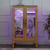Elegant Light Oak Curio Cabinet with Tempered Glass Doors, LED Light, Mirrored Back Panel & W1758P290028