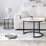 Set 2 Coffee Table Nesting White and gray top Black Frame Circular Round and Marble Pattern Wooden 45806374