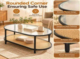 Oval 2-Tier Coffee Table, 37.8" x 19.7" x 18.1", Fluted Glass & PE Rattan 78161674