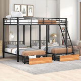 ZUN Full Over Twin & Twin Bunk Bed, Metal Triple Bunk Bed with Drawers and Guardrails, Black 03152856