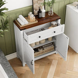 Farmhouse Storage Cabinet with Drawer and Adjustable Shelf, White Kitchen Cabinet with Walnut W1706P280697
