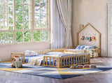Twin and Full Size Solid Wood Montessori Floor Bed, House Shaped Frame with Safety Guardrails, W5767P546848