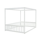 Full Size Canopy Frame Floor Bed with Fence, Guardrails,White W504P143282