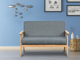 ZUN Mid-Century Modern 1pc Natural Finish Solid Wood Loveseat Gray Linen Upholstery Couch Living Room B011P193973