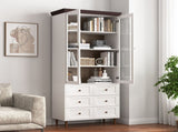 White MDF Display Storage Cabinet,Tall Kitchen Pantry Cabinets with Glass Doors and Adjustable W409P195106