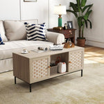 ZUN Elegant Veener Weaving Design Coffee Table with 4 Sliding Door, Wooden Center Rectangular Table with W2557P206923