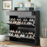ON-TREND Slim Entryway Organizer with 2 Flip Drawers, Tempered Glass Top Shoe WF303589AAB