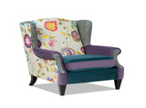 Anya Boho Chic Wingback Accent Arm Chair, Floral & Leopard, Blue-Teal & Purple Velvet B2719P238251