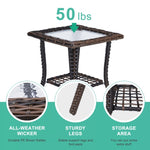 ZUN Outdoor Wicker Side Table, Rattan End Table with Glass Top, Patio Coffee Bistro Table for Indoor 91766785