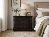 3 Drawer Nightstand Solid Wood Frame Traditional Bedside Table with Carved Details, Dark Cherry B2770P509790
