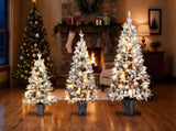 3Piece Flocked PreLit Christmas Tree Set, 3FT 4FT 5FT Potted Artificial Tree with Warm White LED 3 N710P513662K