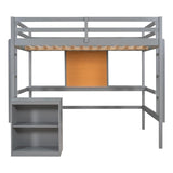 Full size Loft Bed with Desk and Writing Board, Wooden Loft Bed with Desk & 2 Drawers Cabinet- Gray 96271078
