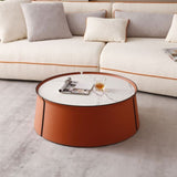 (NOT available on wayfair) 31.5inch Coffee Table, Marble TopOrange Saddle Leather BodyIron Frame W876107735