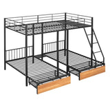 ZUN Full Over Twin & Twin Bunk Bed, Metal Triple Bunk Bed with Drawers and Guardrails, Black 03152856