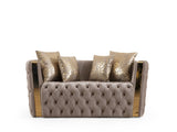 Button Tufted Loveseat with Velvet Fabric and Gold Accent in Taupe B00961116