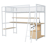 Twin Size Metal Loft Bed with Built-in Work Station, LED and Multiple Storage, White 81360789