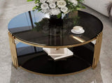 Modern Black Mirror Coffee Table, Asymmetrical Metal, Circular Metal Drum Base, Gold Finish & Lower N735P177478B