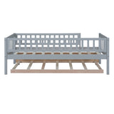 Twin Size Wood Daybed with Trundle and Fence Guardrails, Gray WF301862AAE