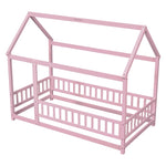 ZUN Twin Size Floor Wooden Bed with House Roof Frame, Fence Guardrails,Pink W504P174635