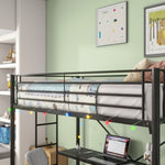 ZUN Twin Metal Loft Bed with Desk, Power Outlet and LED Lighted , Safety Guard & Ladder, No Box Spring W840P192240