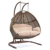 Brown Wicker Hanging Double-Seat Swing Chair with Stand w/Beige Cushion 9716KD3-BB