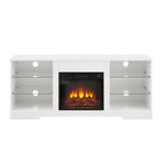 ZUN TV Stand Electric Fireplace Glass Shelves, 3D Fireplace TV Stand with LED Lights Wood with USB 76960554