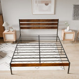Iron Platform Bed Frame with Rustic Wood Headboard & Footboard - Brown W2992P233432