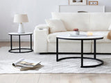 Set 2 Coffee Table Nesting White and gray top Black Frame Circular Round and Marble Pattern Wooden 68840643