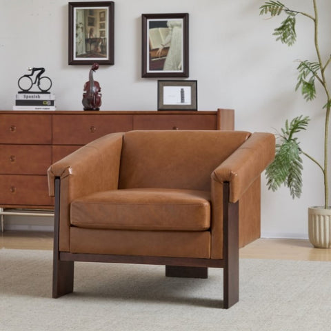 ZUN 34" Mid-Century Modern Accent Chair with Brown Faux Leather, Deep Cushions, and Wide Armrests – N767P210787B