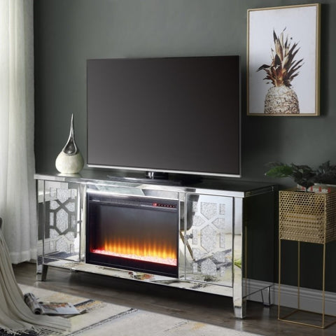 ZUN ACME Noralie TV STAND W/FIREPLACE Mirrored & Faux Diamonds LV00312