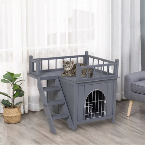 ZUN Grey 2-Level Wooden Cat House with Lockable Wire Door 89469133