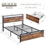 ZUN Queen Size Bed Frame with Storage Headboard and 2 Drawers, LED Lights Bed with Charging Station, W1916126253