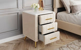 Upholstered Wooden Nightstand with 3 Drawers and Metal Legs&Handles, Bedside Table with Marbling N733P208520A